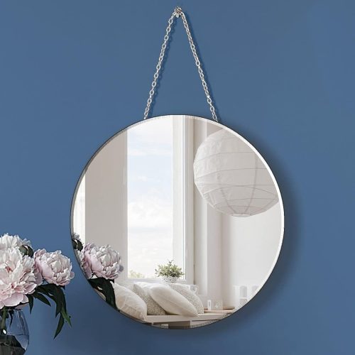 Round Silver Mirror with Iron Chain for Wall Decor Diameter Circle 11.5 inch Wall Hang Frame Less Mirror Small Handicraft Mirror