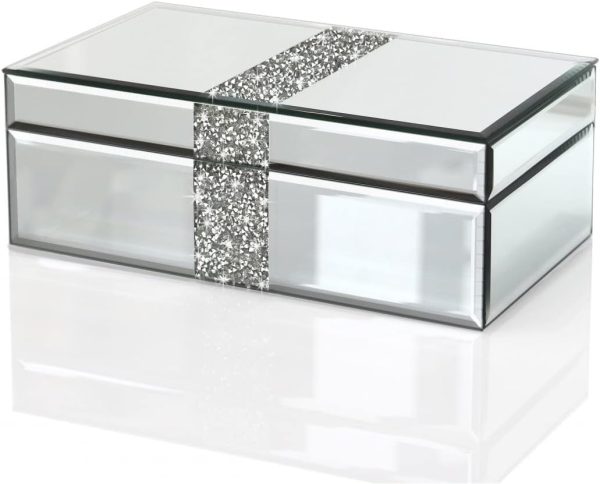 Luxury Middle Silver Bling Crushed Diamond Glass Mirrored Jewelry Box Women Jewelry Organizer Storage Box For Gift