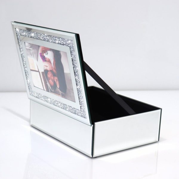 Crushed Diamond Mirrored Jewelry Box With Photograph 4x6inch On Top, Silver Glass Bling Jewelry Organizer Photo Picture Frame Storage Box For Gift