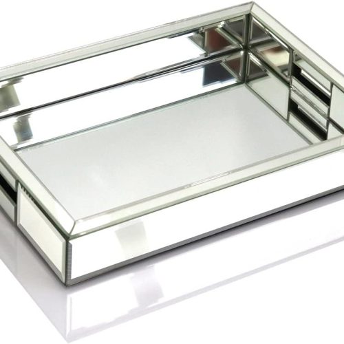 Rectangle Silver Mirror Decorative Tray Size 11 Length x 14 Width x 2 Height, Mirrored Vanity Organizer with Hand, Markup Perfume Jewelry Tray for Bathroom Bedroom Dresser Coffee Table qmdecor