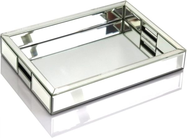 Rectangle Silver Mirror Decorative Tray Size 11 Length x 14 Width x 2 Height, Mirrored Vanity Organizer with Hand, Markup Perfume Jewelry Tray for Bathroom Bedroom Dresser Coffee Table qmdecor