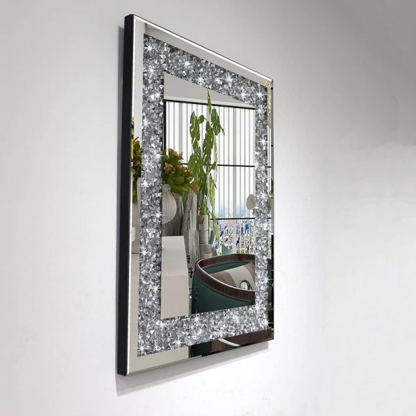 Rectangle Sparkling Decorative Wall Mirror for Home Decoration with Silver Crystal Crush Diamond Dcor, Dimention16x20x1 inch, Wall Hang Frameless Mirrors Glass Diamond Dcor.