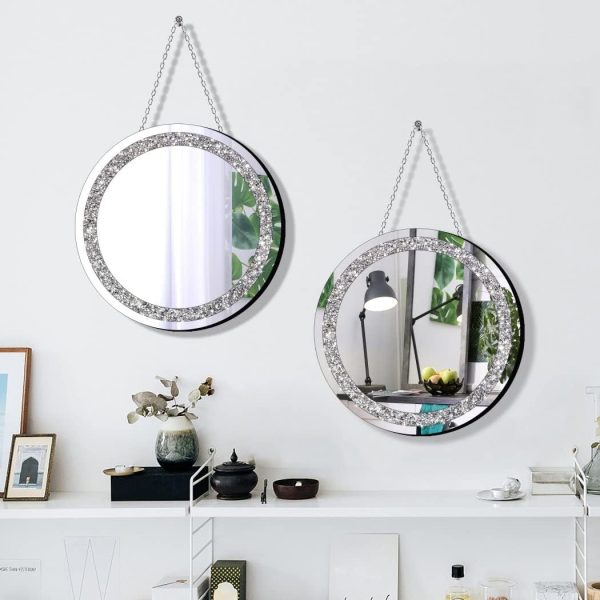 Crystal Crush Diamond Silver Mirror 2 Pack Diameter 12inch Round Shape with Iron Chain Real Glass Mirror for Wall Decor