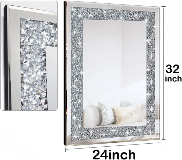 Crystal Crush Diamond Rectangle Silver Mirror for Wall Decoration 24x32inch Wall Hang Frameless Mirror Acrylic Diamond Decor.