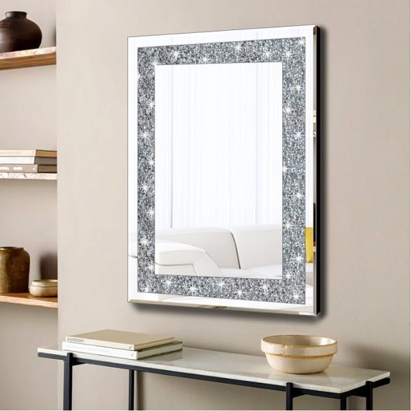 Crystal Crush Diamond Rectangle Silver Mirror for Wall Decoration 20x28inch Wall Hang Frameless Mirror Glass Diamond Decor.