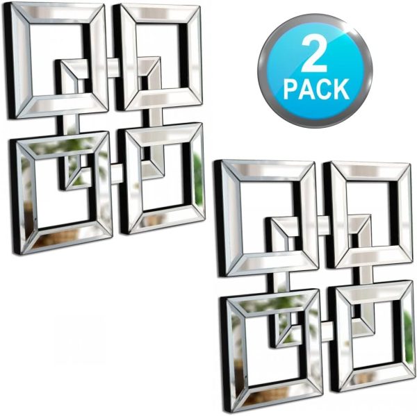 2 Pack Silver Mirrored Square Wall-Mounted Mirrors Modern Glam Accent Decor for Home