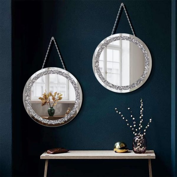 Crystal Crush Diamond Silver Mirror 2 Pack Diameter 12inch Round Shape with Iron Chain Real Glass Mirror for Wall Decor
