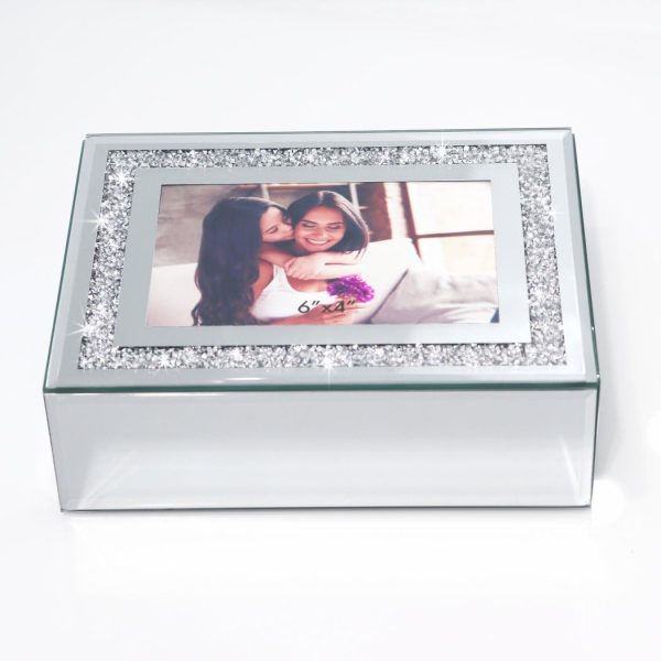 Crushed Diamond Mirrored Jewelry Box With Photograph 4x6inch On Top, Silver Glass Bling Jewelry Organizer Photo Picture Frame Storage Box For Gift