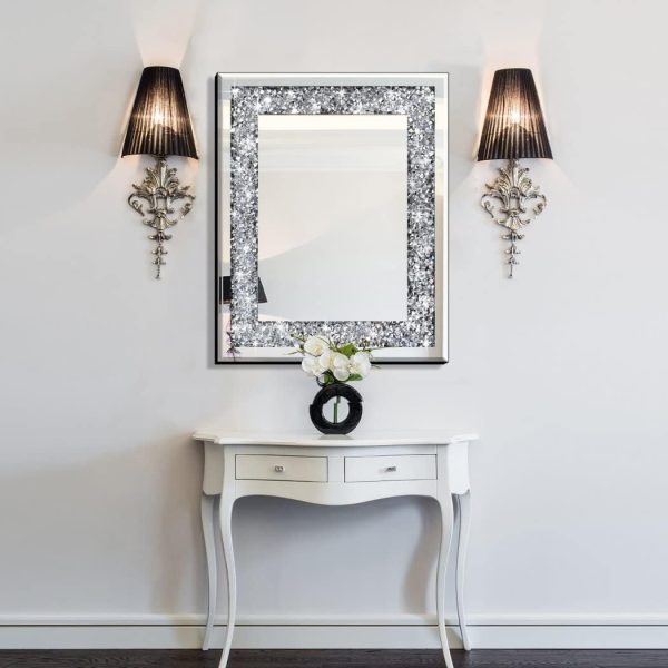 Rectangle Sparkling Decorative Wall Mirror for Home Decoration with Silver Crystal Crush Diamond Dcor, Dimention16x20x1 inch, Wall Hang Frameless Mirrors Glass Diamond Dcor.