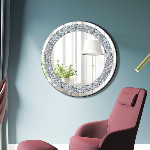 Round Wall Mirror for Home Decoration in Crystal Crush Diamond Silver 24x24x1 inch Wall Hang Frameless Mirror Glass Diamond Dcor.