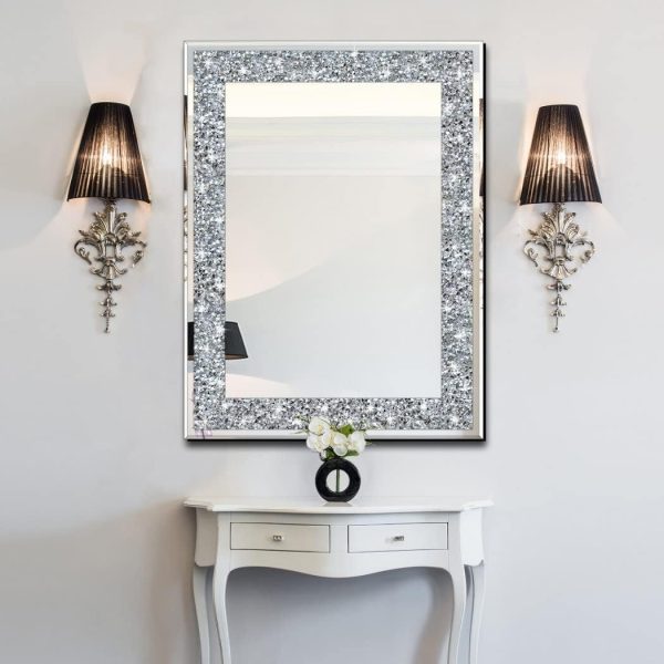 Crystal Crush Diamond Rectangle Silver Mirror for Wall Decoration 24x32inch Wall Hang Frameless Mirror Acrylic Diamond Decor.