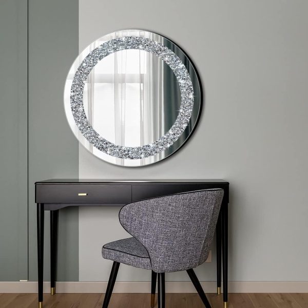 Round Wall Mirror for Home Decoration in Crystal Crush Diamond Silver 24x24x1 inch Wall Hang Frameless Mirror Glass Diamond Dcor.