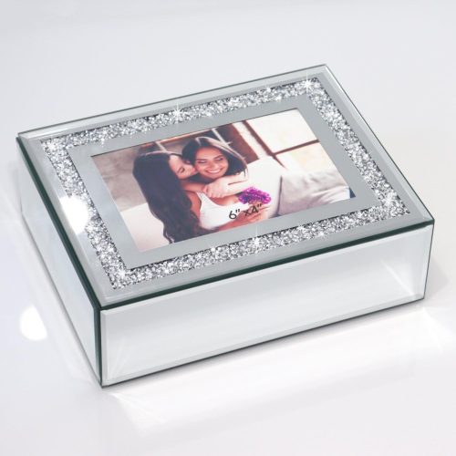 Crushed Diamond Mirrored Jewelry Box With Photograph 4x6inch On Top, Silver Glass Bling Jewelry Organizer Photo Picture Frame Storage Box For Gift