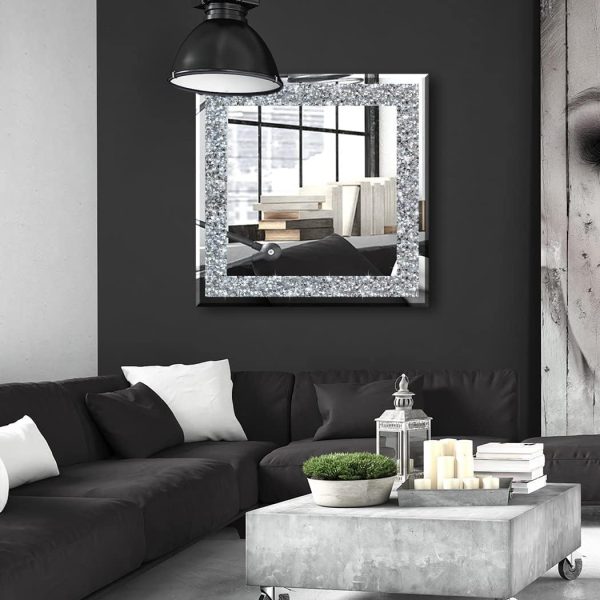 Crystal Crush Diamond Sparkly Square Silver Mirror for Wall Decoration 20x20x1 inch Wall Hang Frameless Bling Stylish Gorgeous Glam Mirror Vanity Home Decor.