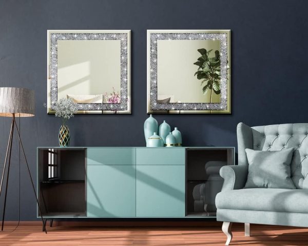 Crystal Crush Diamond Sparkly Square Silver Mirror for Wall Decoration 20x20x1 inch Wall Hang Frameless Bling Stylish Gorgeous Glam Mirror Vanity Home Decor.