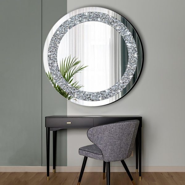 Round Wall Mirror 28x28 inch Crystal Crush Diamond Decor for Home Decoration Silver Mirror.