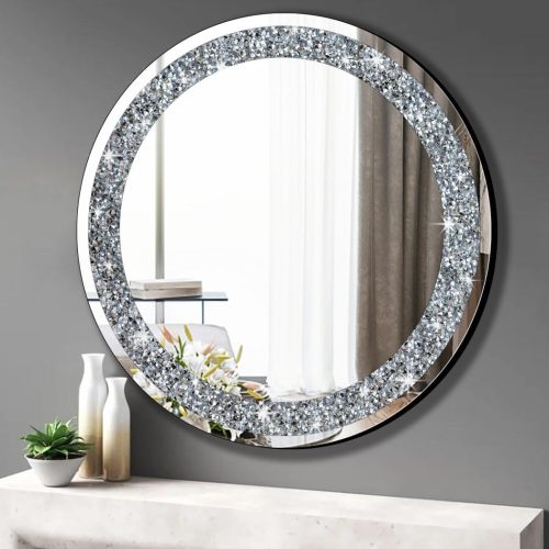Round Wall Mirror 28x28 inch Crystal Crush Diamond Decor for Home Decoration Silver Mirror.