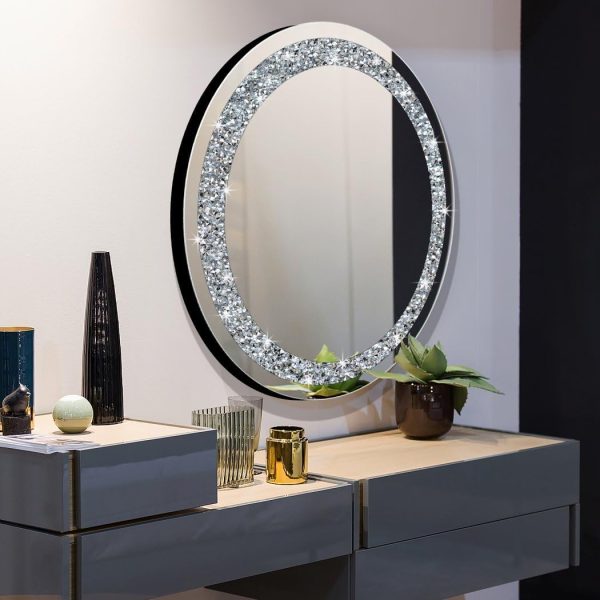 Round Wall Mirror 28x28 inch Crystal Crush Diamond Decor for Home Decoration Silver Mirror.