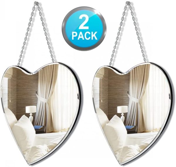 Heart Shaped Mirror with Iron Chain for Wall Decor 12x12 inch 2 Pack Wall Hang Real Glass Frameless Decorative Accent Mirror Glam Mirror