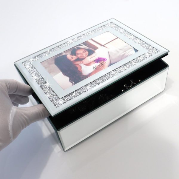 Crushed Diamond Mirrored Jewelry Box With Photograph 4x6inch On Top, Silver Glass Bling Jewelry Organizer Photo Picture Frame Storage Box For Gift