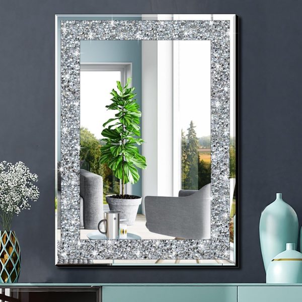 Crystal Crush Diamond Rectangle Silver Mirror for Wall Decoration 20x28inch Wall Hang Frameless Mirror Glass Diamond Decor.
