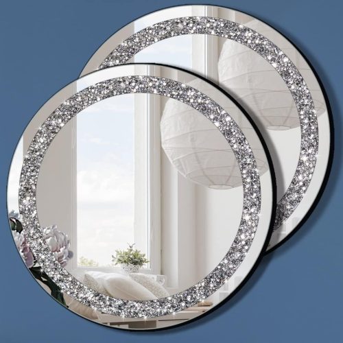 Crystal Crush Diamond Silver Mirror 2 Pack Diameter 12inch Round Shape with Iron Chain Real Glass Mirror for Wall Decor