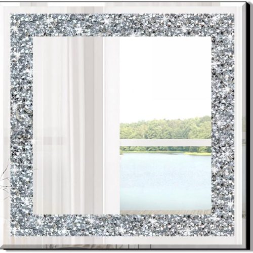 Crystal Crush Diamond Sparkly Square Silver Mirror for Wall Decoration 20x20x1 inch Wall Hang Frameless Bling Stylish Gorgeous Glam Mirror Vanity Home Decor.