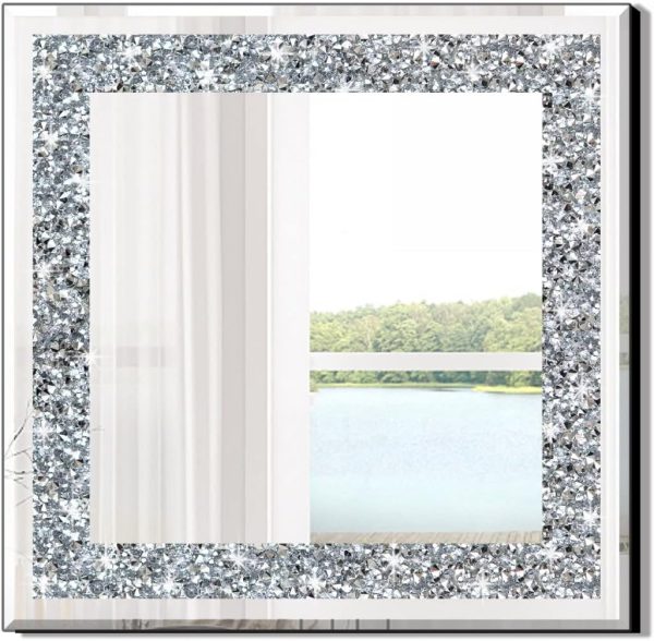 Crystal Crush Diamond Sparkly Square Silver Mirror for Wall Decoration 20x20x1 inch Wall Hang Frameless Bling Stylish Gorgeous Glam Mirror Vanity Home Decor.
