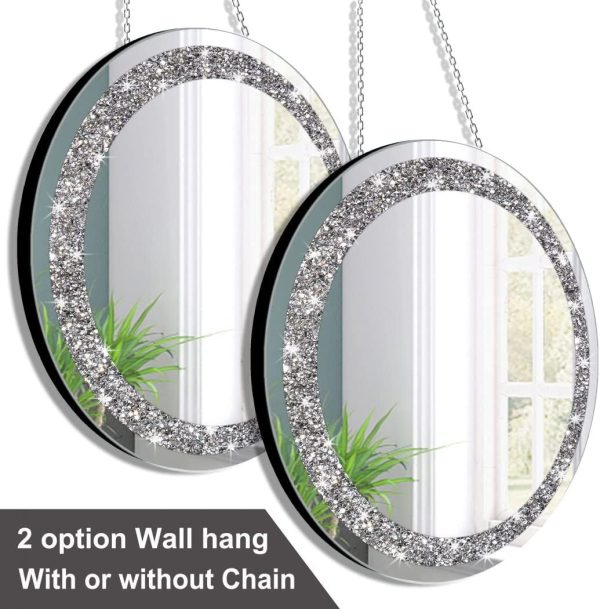 Crystal Crush Diamond Silver Mirror 2 Pack Diameter 12inch Round Shape with Iron Chain Real Glass Mirror for Wall Decor