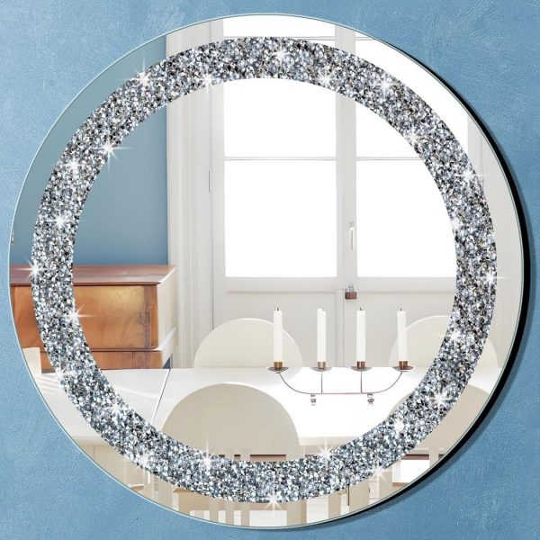Round Wall Mirror for Home Decoration in Crystal Crush Diamond Silver 24x24x1 inch Wall Hang Frameless Mirror Glass Diamond Dcor.