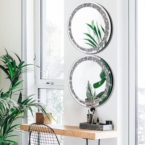Crystal Crush Diamond Silver Mirror 2 Pack Diameter 12inch Round Shape with Iron Chain Real Glass Mirror for Wall Decor