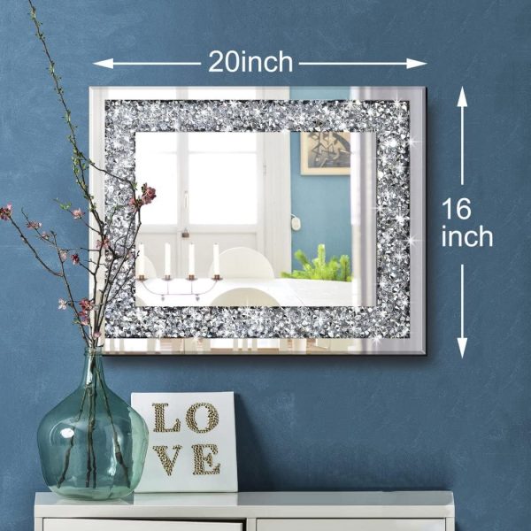 Rectangle Sparkling Decorative Wall Mirror for Home Decoration with Silver Crystal Crush Diamond Dcor, Dimention16x20x1 inch, Wall Hang Frameless Mirrors Glass Diamond Dcor.
