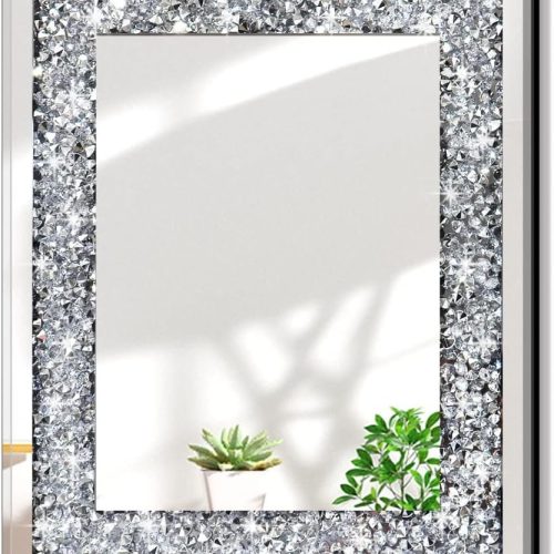 Rectangle Sparkling Decorative Wall Mirror for Home Decoration with Silver Crystal Crush Diamond Dcor, Dimention16x20x1 inch, Wall Hang Frameless Mirrors Glass Diamond Dcor.
