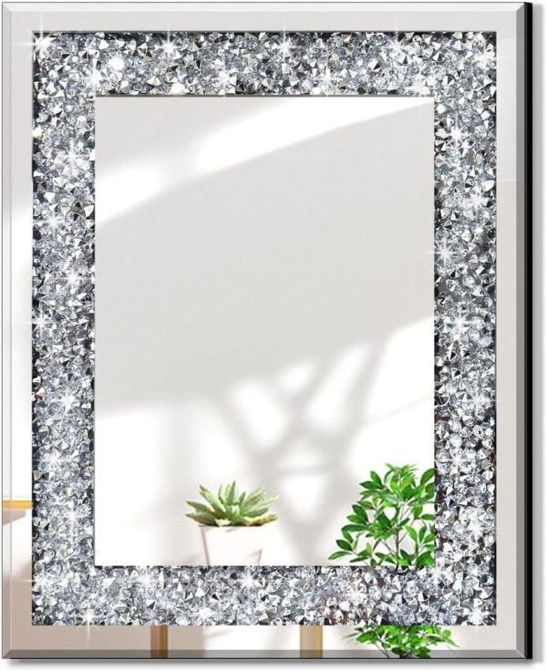 Rectangle Sparkling Decorative Wall Mirror for Home Decoration with Silver Crystal Crush Diamond Dcor, Dimention16x20x1 inch, Wall Hang Frameless Mirrors Glass Diamond Dcor.