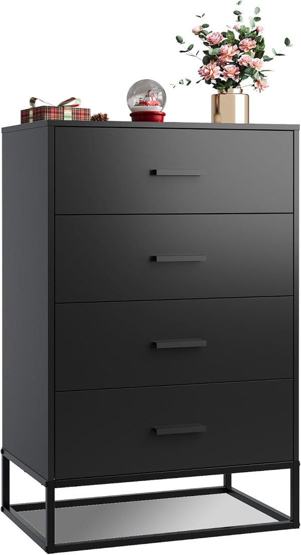 LIVAREEmlen Black Dresser for Bedroom with 4 Drawers, Tall Dresser with Sturdy Metal Frame, Wood Chest of Drawers for Closet, Living Room, Hallway