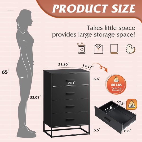 LIVAREEmlen Black Dresser for Bedroom with 4 Drawers, Tall Dresser with Sturdy Metal Frame, Wood Chest of Drawers for Closet, Living Room, Hallway
