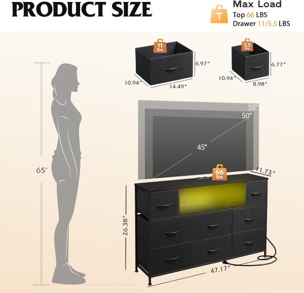 LIVAREEmlen LED Black Dresser TV Stand for 55 Inch TV, 8 Drawers | Fits TVs up to 55 inch, 8 fabric drawers, LED chest of drawers, Built-in power outlet, Living room or bedroom