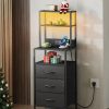 LIVAREEmlen Tall Nightstand with Charging Station, LED Night Stand with 3 Fabric Drawers and Storage Open Shelves, Bedroom Nightstand Table, Bed Side Table for Living Room, Black
