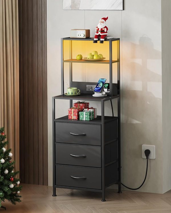 LIVAREEmlen Tall Nightstand with Charging Station, LED Night Stand with 3 Fabric Drawers and Storage Open Shelves, Bedroom Nightstand Table, Bed Side Table for Living Room, Black