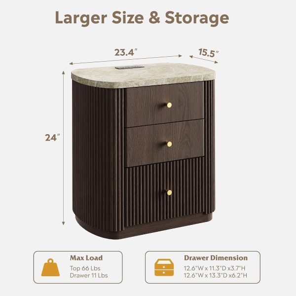 LIVAREEmlen Fluted Nightstands Set of 2 with Marble TOP, Charging Night Stands | Mid Century Modern Design, Oval-shaped Body, Storage(2 Drawers+1 Shelf), Power(2AC+2USB), Wooden Bedside Tables, Walnut