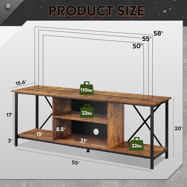 LIVAREEmlen Industrial TV Stand for Up to 65 inch TV, Heavy-Duty Metal Frame Entertainment Center with Adjustable Shelves & Cable Management, Media TV Console for Living Room Bedroom, Rustic Brown