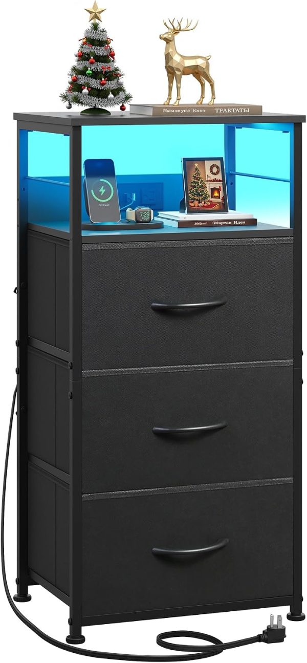 LIVAREEmlen Nightstand with Charging Station, 31.9" H Nightstand with 3 Fabric Drawers, LED Bedside Table with USB Ports and Outlets, End Table for Dorm, Bedroom, Entryway, Black
