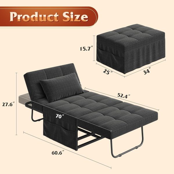 LIVAREEmlen Folding Ottoman Bed, Sleeper Chair, 4-in-1 Multi-Function, Convertible Sofa Bed Foot Rest with Adjustable Back for Living Room, Dark Grey