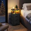 LIVAREEmlen Nightstand with Charging Station, 31.9" H Nightstand with 3 Fabric Drawers, LED Bedside Table with USB Ports and Outlets, End Table for Dorm, Bedroom, Entryway, Black