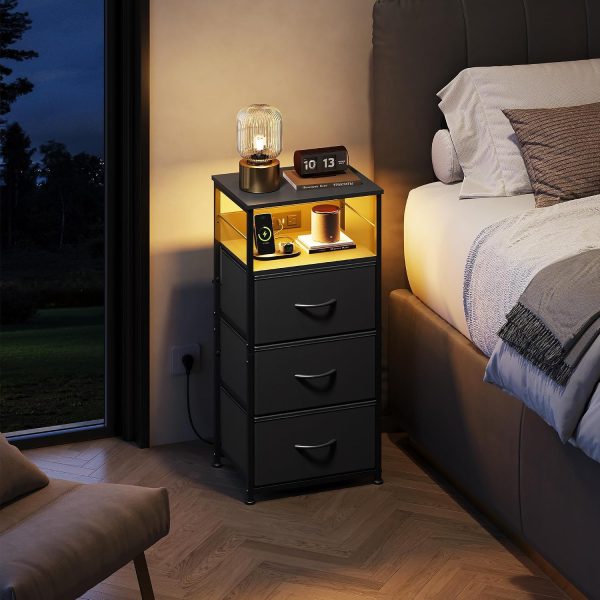 LIVAREEmlen Nightstand with Charging Station, 31.9" H Nightstand with 3 Fabric Drawers, LED Bedside Table with USB Ports and Outlets, End Table for Dorm, Bedroom, Entryway, Black