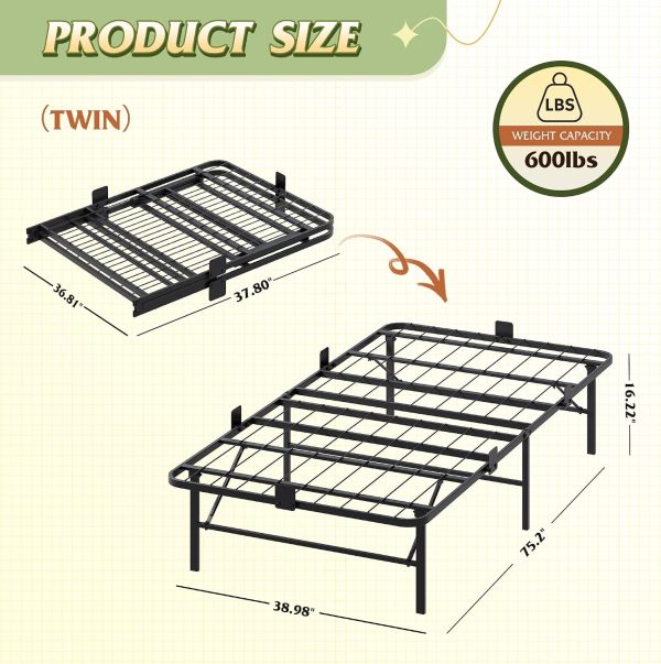 LIVAREEmlen Foldable Twin Bed Frames, Metal Platform Bed Frame Twin Size with Heavy Duty Steel Slats, No Box Spring Needed, Easy Assembly, No Noise, Black