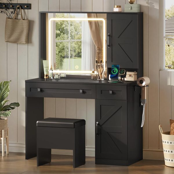 LIVAREEmlen Farmhouse Vanity Desk with LED Mirror & Stool, Black | Charging station (2AC+2USB), 3CCT lighted mirror, Sturdy FSC wood (165lbs), Hair dryer holder, W/ stool