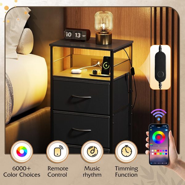 LIVAREEmlen Nightstand with Charging Station, 31.9" H Nightstand with 3 Fabric Drawers, LED Bedside Table with USB Ports and Outlets, End Table for Dorm, Bedroom, Entryway, Black