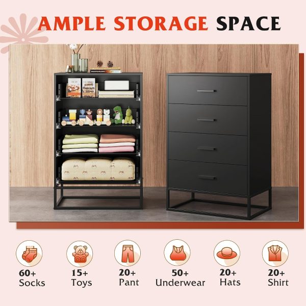 LIVAREEmlen Black Dresser for Bedroom with 4 Drawers, Tall Dresser with Sturdy Metal Frame, Wood Chest of Drawers for Closet, Living Room, Hallway