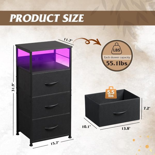 LIVAREEmlen Nightstand with Charging Station, 31.9" H Nightstand with 3 Fabric Drawers, LED Bedside Table with USB Ports and Outlets, End Table for Dorm, Bedroom, Entryway, Black